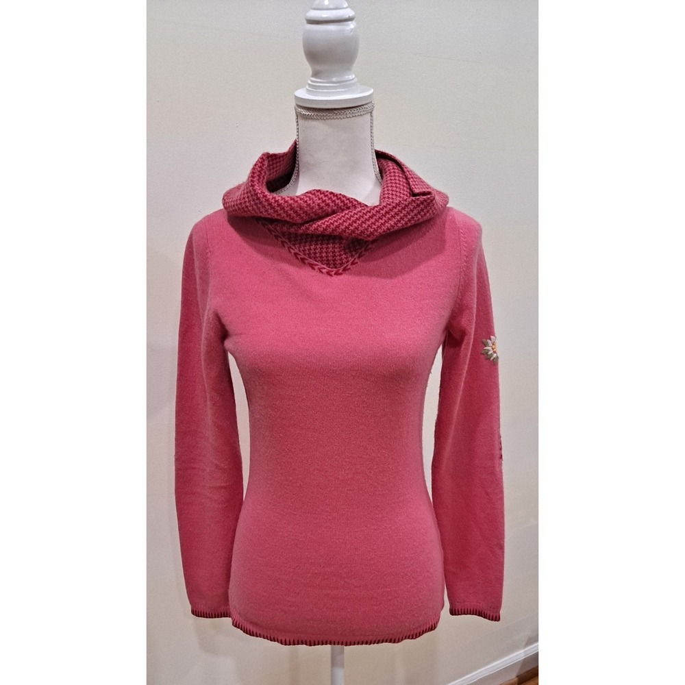 XS/34 Pink Hooded Mountain Force Cashmere  Sweater With Elbow Patches And Flower